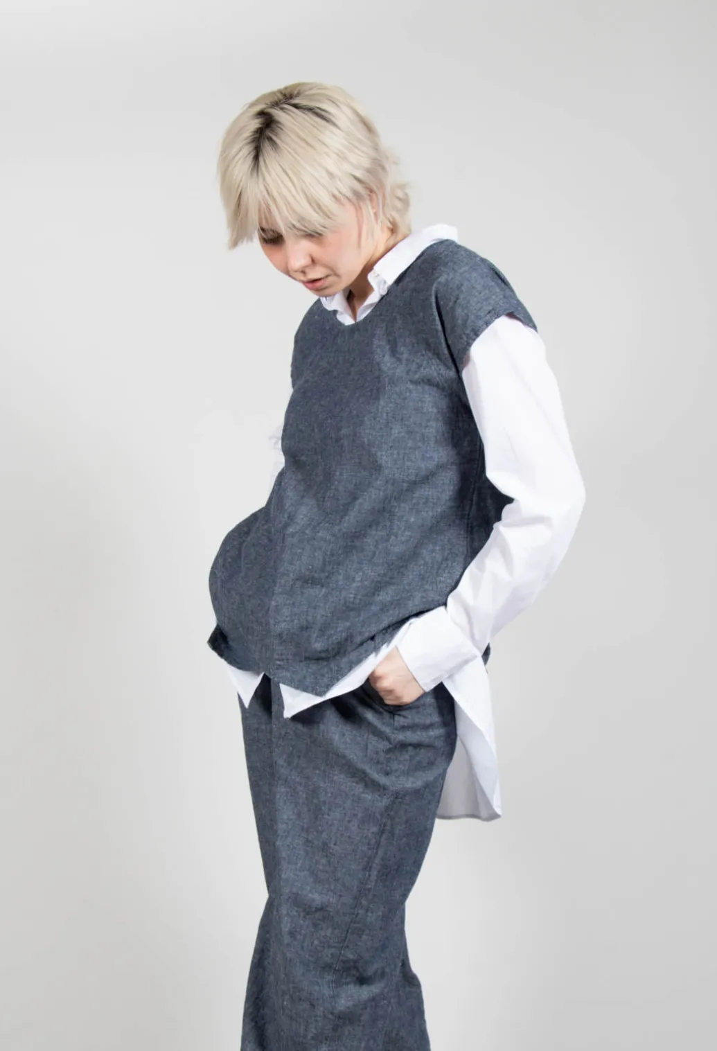 Asymmetric Wrap Shirt in Blue Denim