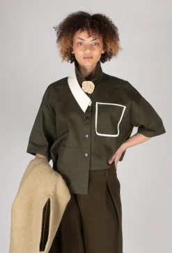 Asymmetrical Cropped Shirt in Olive
