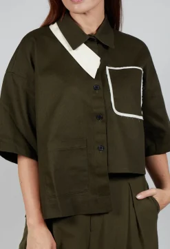 Asymmetrical Cropped Shirt in Olive