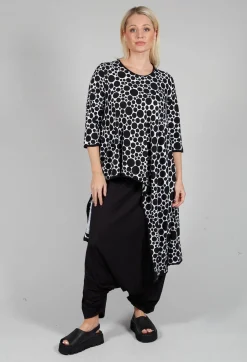 Asymmetrical Jersey Tunic Top  in White with Black Pois