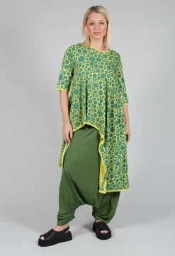 Asymmetrical Jersey Tunic Top in Lime with Green Pois