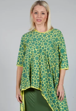 Asymmetrical Jersey Tunic Top in Lime with Green Pois
