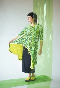 Asymmetrical Jersey Tunic Top in Lime with Green Pois