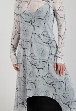 Asymmetrical Sheer Dress in White Print