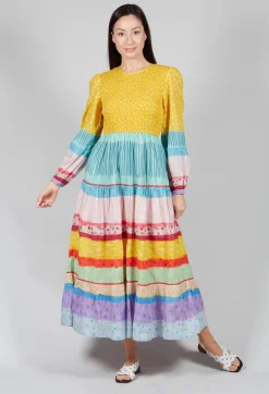 Balloon Sleeved Dress in Yellow Multicolour