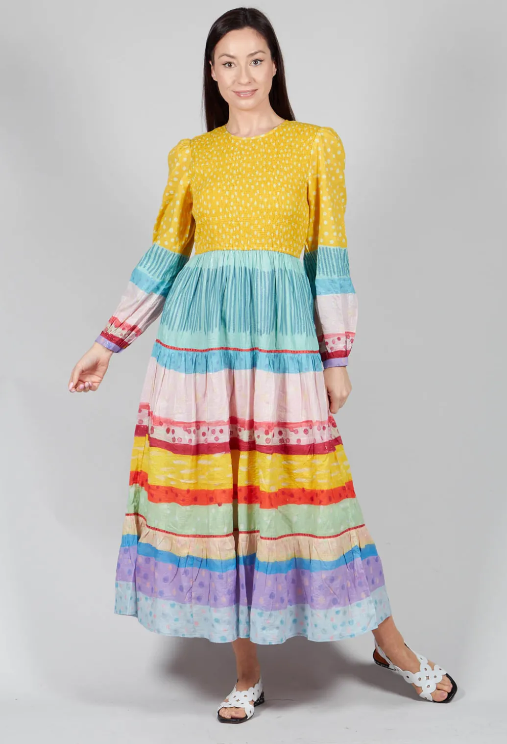 Balloon Sleeved Dress in Yellow Multicolour