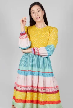 Balloon Sleeved Dress in Yellow Multicolour