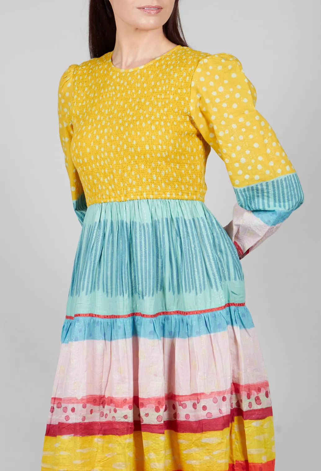 Balloon Sleeved Dress in Yellow Multicolour
