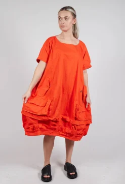 Balloon-Shaped Midi Dress with Folded Fabric Detailing in Mandarine