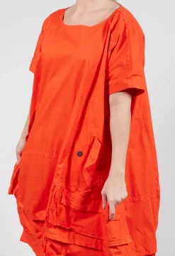 Balloon-Shaped Midi Dress with Folded Fabric Detailing in Mandarine