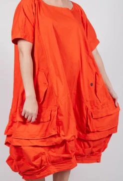 Balloon-Shaped Midi Dress with Folded Fabric Detailing in Mandarine
