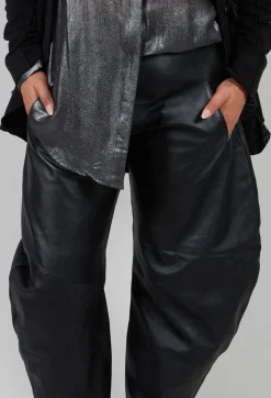 Barrel Leg Leather Trousers in Black