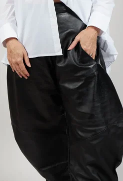 Barrel Leg Leather Trousers in Black