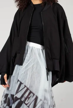 Batwing Sleeved Jacket with Asymmetric Hem in Black