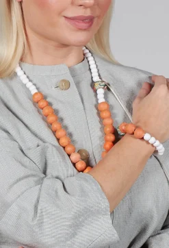 Beaded Bracelet with Paper Mache Ball in Orange/White