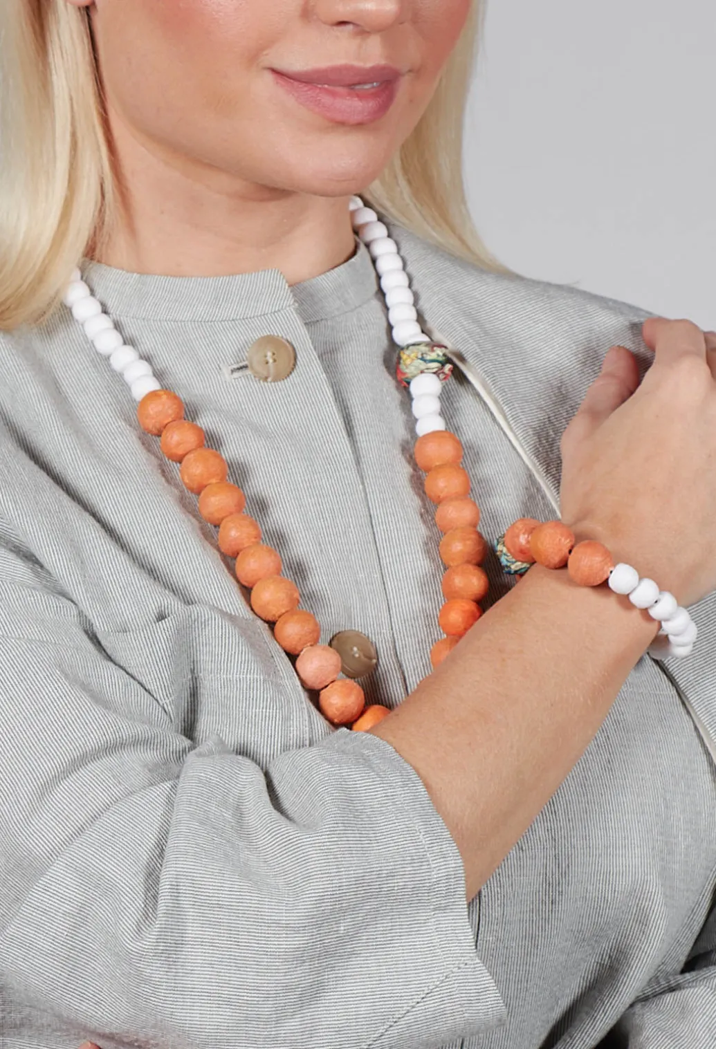 Beaded Bracelet with Paper Mache Ball in Orange/White