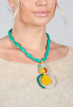 Beaded Necklace in Aqua and Mustard