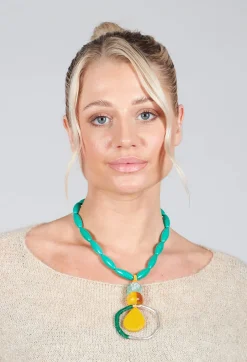 Beaded Necklace in Aqua and Mustard