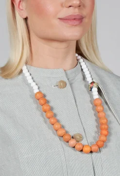 Beaded Necklace with Paper Mache Ball in Orange/White