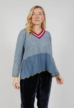 Bell Frill V Neck Jumper in Jacaranda Met Taupe