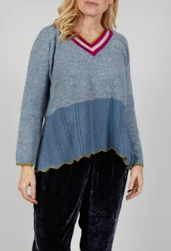 Bell Frill V Neck Jumper in Jacaranda Met Taupe