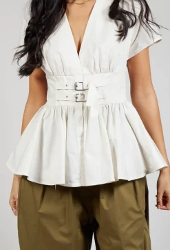 Belt Front Blouse in Cream