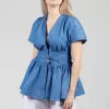 Belt Front Blouse in Light Denim