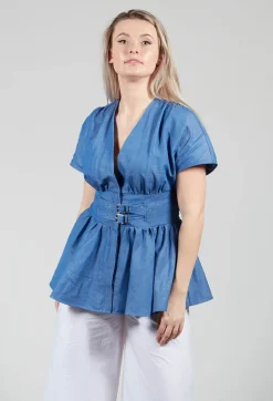 Belt Front Blouse in Light Denim