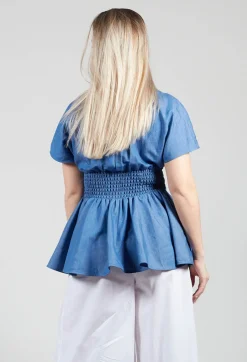 Belt Front Blouse in Light Denim