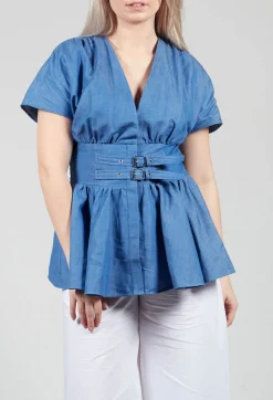 Belt Front Blouse in Light Denim
