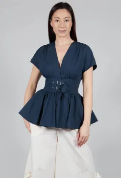 Belt Front Blouse in Navy