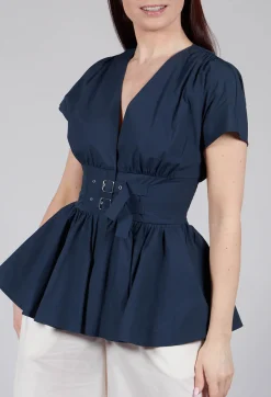 Belt Front Blouse in Navy