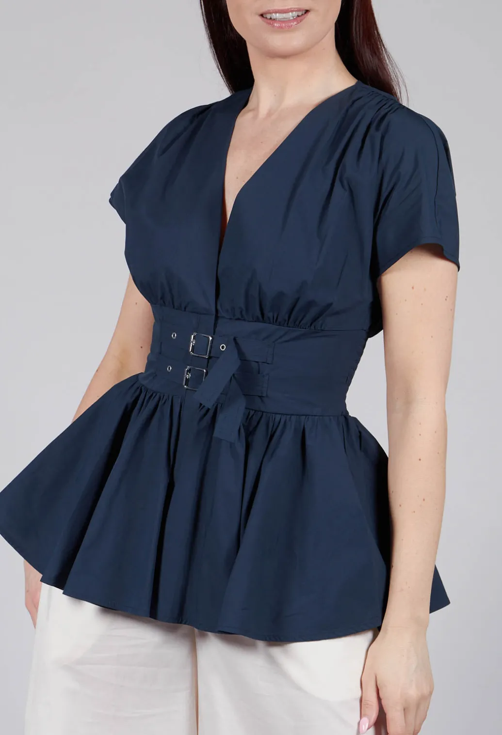 Belt Front Blouse in Navy