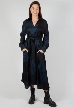 Belted Shirt Dress in Nero and Cobalto