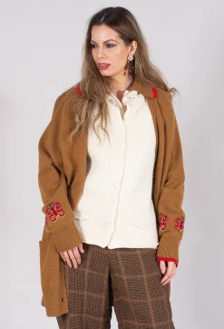 Blended Cashmere Cardigan with Embroidery Detail in Brown