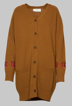 Blended Cashmere Cardigan with Embroidery Detail in Brown