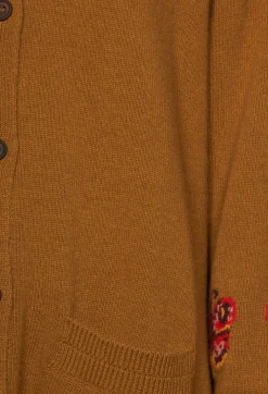 Blended Cashmere Cardigan with Embroidery Detail in Brown