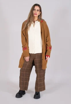 Blended Cashmere Cardigan with Embroidery Detail in Brown