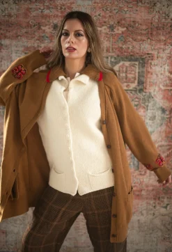 Blended Cashmere Cardigan with Embroidery Detail in Brown