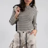 Bloom Rib Knit Blouse in Beige Stripe