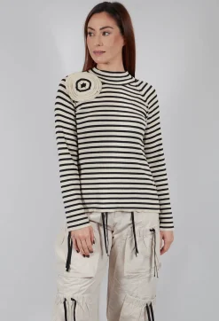 Bloom Rib Knit Blouse in Beige Stripe