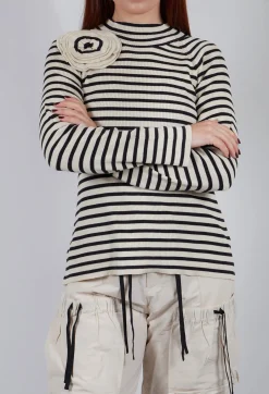 Bloom Rib Knit Blouse in Beige Stripe