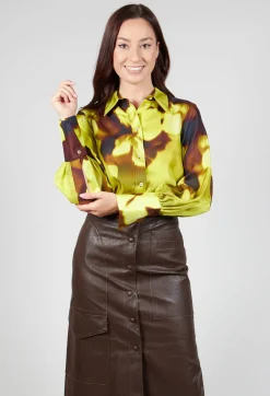 Blurred Print Silk Blouse in Lime