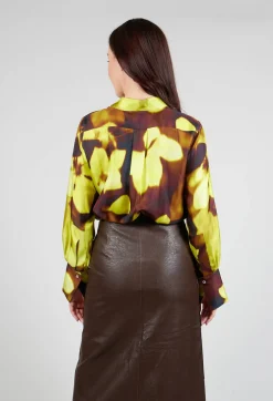 Blurred Print Silk Blouse in Lime
