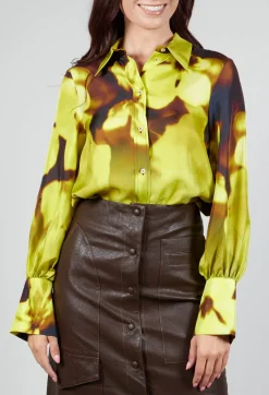 Blurred Print Silk Blouse in Lime