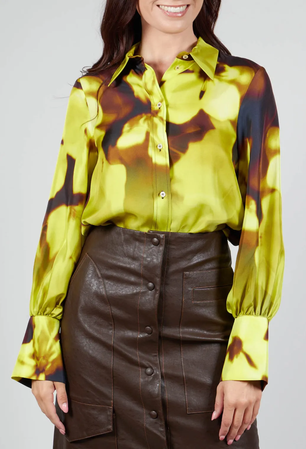 Blurred Print Silk Blouse in Lime