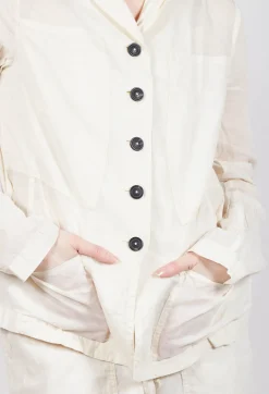 Button Fastening Jacket with Elasticated Back Detail in Greige Paper