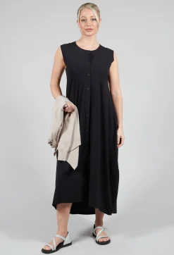 Button Front Long Dress in Black