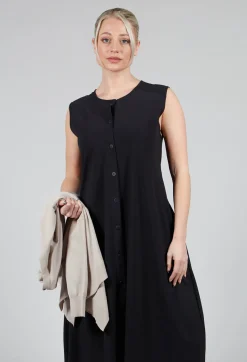 Button Front Long Dress in Black