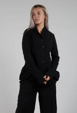 Button Through Jacket with Tulip Hem in Black Stripe